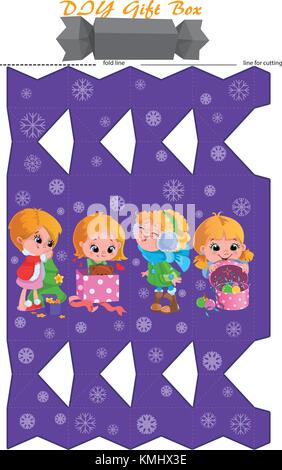 Gift Box printable DIY template. Girl cute kid and snowflakes winter pattern. Stock Vector