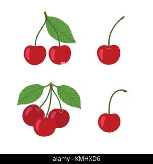 Ripe cherries on a white background. Berries with stems and green leaves. Stock Vector