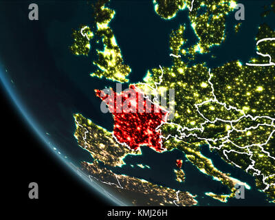 Satellite view of France highlighted in red on planet Earth at night with borderlines and city lights. 3D illustration. Elements of this image furnish Stock Photo