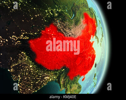 Early morning view of China highlighted in red on planet Earth. 3D illustration. Elements of this image furnished by NASA. Stock Photo