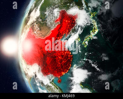 Satellite view of China highlighted in red on planet Earth with clouds and visible country borders during sunset. 3D illustration. Elements of this im Stock Photo
