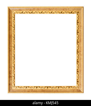 vertical carved golden wooden picture frame with cut out canvas isolated on white background Stock Photo