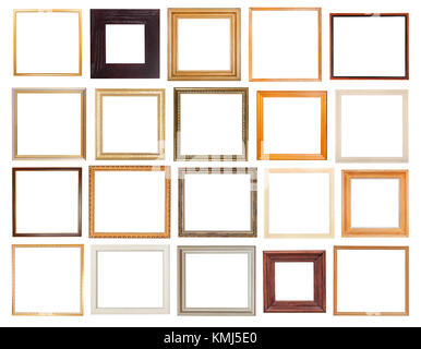 set of square wooden picture frames with cut out canvas isolated on white background Stock Photo