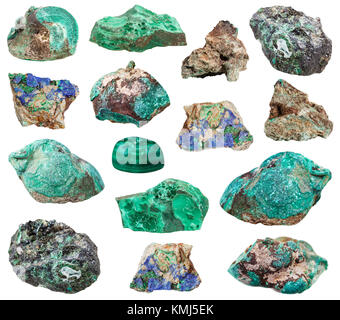 collection of natural mineral specimens - various Malachite stones isolated on white background Stock Photo