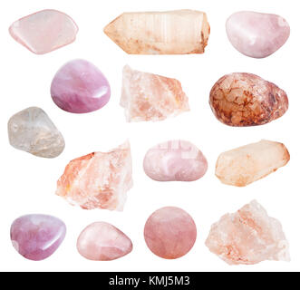 collection of natural mineral specimens - various Rose Quartz gemstones isolated on white background Stock Photo