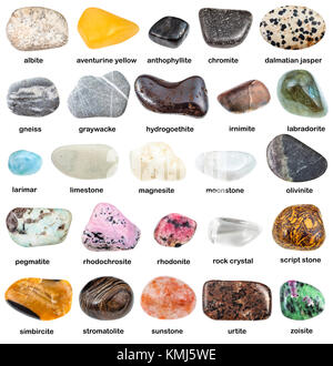 collection of natural mineral gemstones with name (albite, pegmatite, urtite, olivinite, chromite, irnimite, stromatolite,sunstone, rhodochrosite, sim Stock Photo