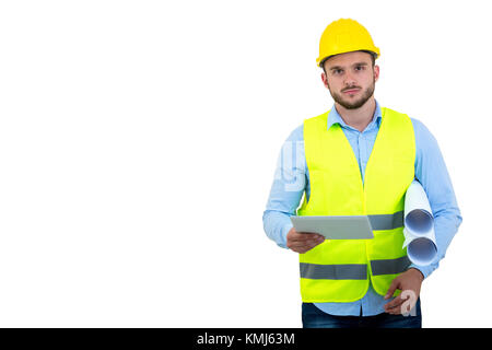 Handsome engineer working with a tablet pc, isolated on white Stock Photo