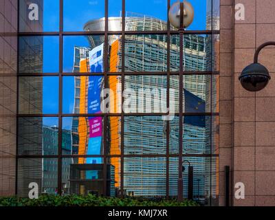 Belgium. Brussels. 'Berlaymont' European Comissuib building in reflection on European presidency building, Schumann´s area.