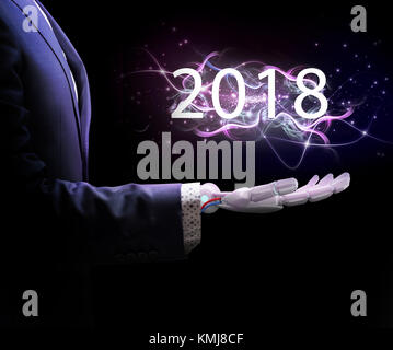 Robotic hand in suit present new 2018 year in glossy lines over black background. 3d rendering. Stock Photo