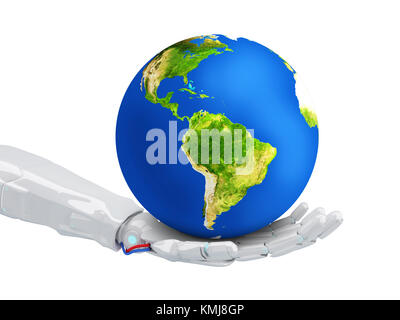 Robot keep the blue Earth planet in hand. Technology concept. 3d rendering. Elements of this image are furnished by NASA Stock Photo