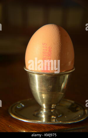 Boiled egg in silver egg cup on dark background Stock Photo