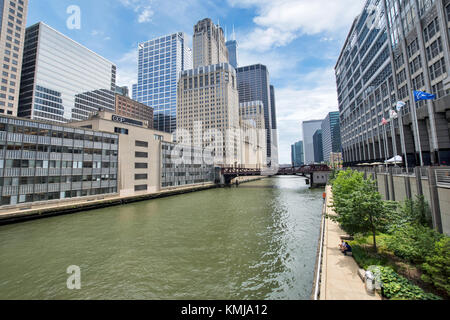 Northern Riverwalk on North Branch Chicago River in Chicago, Illinois Stock Photo