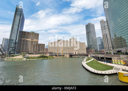 Northern Riverwalk on North Branch Chicago River in Chicago, Illinois Stock Photo