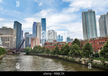 Northern Riverwalk on North Branch Chicago River in Chicago, Illinois Stock Photo