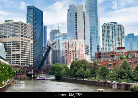 Northern Riverwalk on North Branch Chicago River in Chicago, Illinois Stock Photo