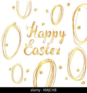 Happy Easter hand drawn greeting card with lettering and sketched doodle elements, gold color isolated on white background. Stock Vector