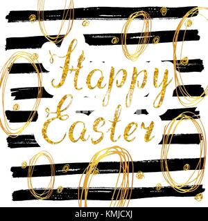 Happy Easter hand drawn greeting card with lettering and sketched doodle elements, gold glitter on black lines background. Stock Vector