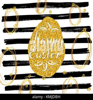 Happy Easter hand drawn greeting card with lettering and sketched doodle elements, gold glitter ester egg on black lines background. Stock Vector