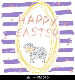 Happy Easter hand drawn greeting card with lettering and sketched doodle elements cute sheep in easter egg shape on color background. Stock Vector