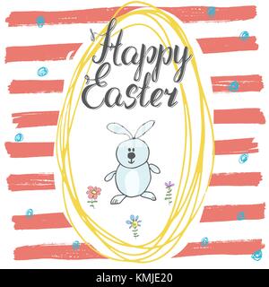 Happy Easter hand drawn greeting card with lettering and sketched doodle elements cute rabbit in easter egg shape on color background. Stock Vector