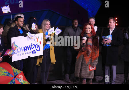 Carrie Grant from the One Show (centre right) with people celebrating in Hull that Coventry will become the next UK City of Culture in 2021. Stock Photo