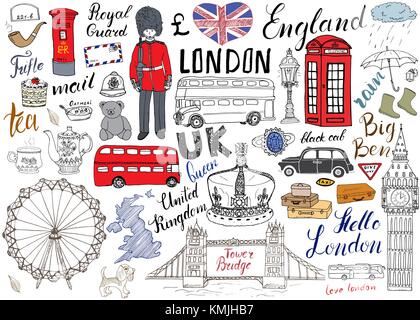 London city doodles elements collection. Hand drawn set with, tower bridge, crown, big ben, royal guard, red bus and black cab, UK map and flag, tea p Stock Vector