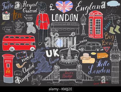 London city doodles elements collection. Hand drawn set with, tower bridge, crown, big ben, royal guard, red bus and cab, UK map and flag, tea pot, le Stock Vector
