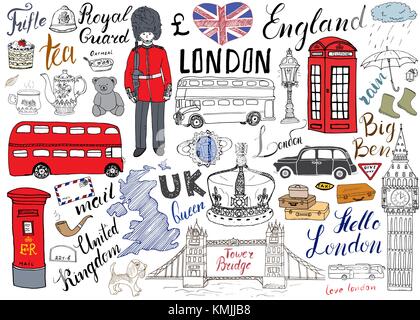 London city doodles elements collection. Hand drawn set with, tower bridge, crown, big ben, royal guard, red bus and cab, UK map and flag, tea pot, le Stock Vector