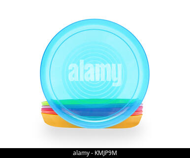 Bright plastic disposable tableware isolated on white Stock Photo