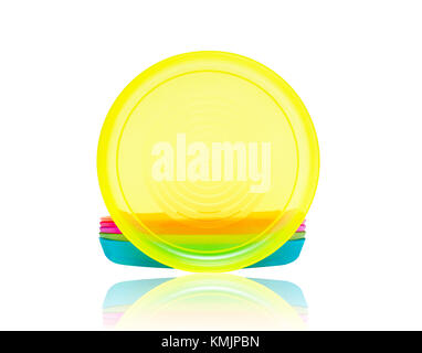 Bright plastic disposable tableware isolated on white Stock Photo