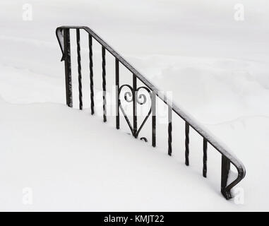 Wrought iron railing covered in snow. Winter background Stock Photo