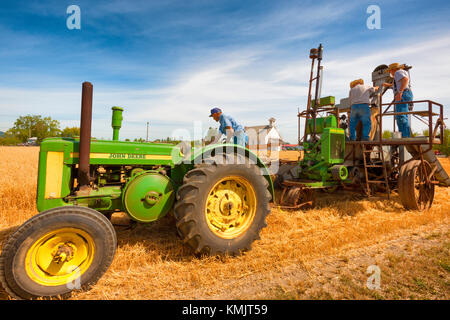 McMinnville, Oregon, USA - August 13, 2016:  Senior farmers demonstrate how an old grain harvester works at Yamhill County Harvest Festival Stock Photo