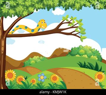 Background scene with yellow snake on branch illustration Stock Vector