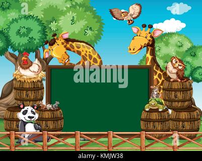 Board template with many animals in the yard illustration Stock Vector