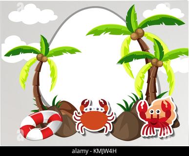 Round border with crabs and coconut trees illustration Stock Vector