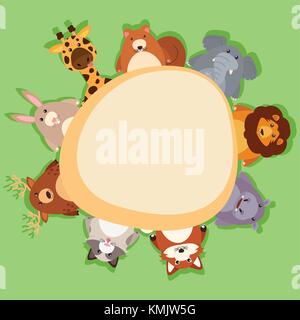 Border template with cute animals on green background illustration Stock Vector