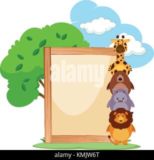 Wooden frame with cute animals on the side illustration Stock Vector
