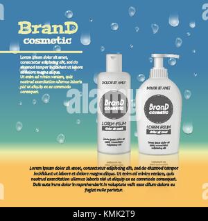3D realistic cosmetic bottle ads template. Cosmetic brand advertising concept design with water bubbles and waterdrops background. Stock Vector