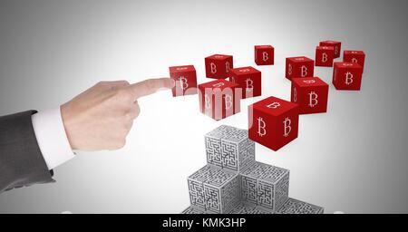 Digital composite of Hand touching bitcoin symbol icons Stock Photo