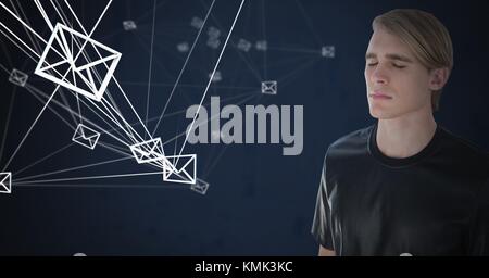 Digital composite of Email messages app icons connected and Businessman thinking and dark background Stock Photo