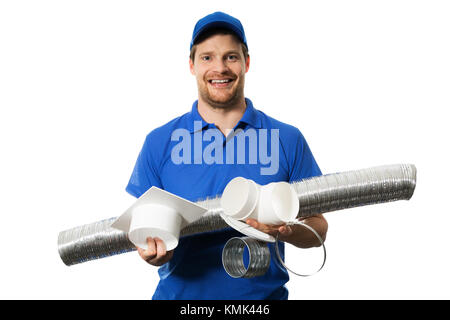 air conditioning and ventilation system equipment in engineer hands Stock Photo