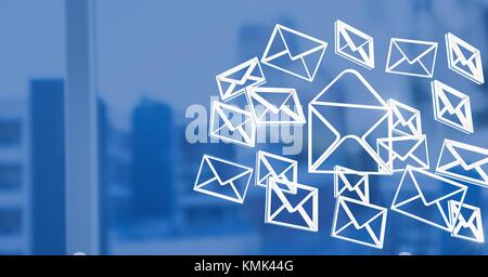 Digital composite of 3D email message connected icons with blue background Stock Photo