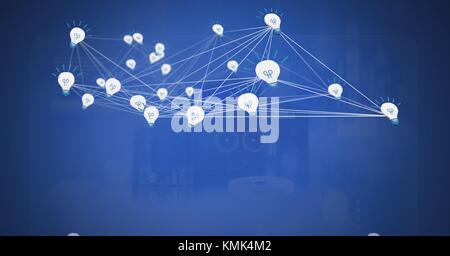 Digital composite of 3D connected light bulb idea icons with blue background Stock Photo