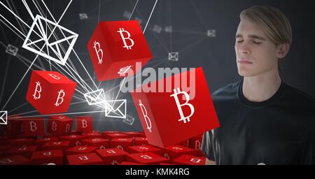 Digital composite of Bitcoin icon symbols and Businessman thinking and dark background Stock Photo