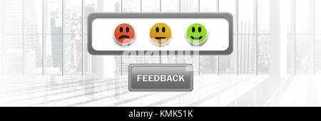 Digital composite of feedback smiley faces satisfaction icons by window Stock Photo