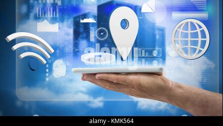 Digital composite of Hand holding tablet with 3D mixed icons and statistics Stock Photo