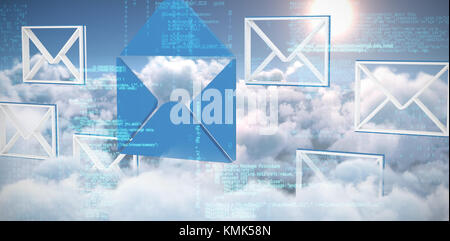 Image of data against idyllic view of bright sun over clouds during sunny day Stock Photo