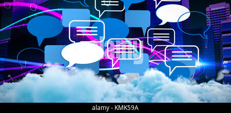 Digitally generated image of fluffy clouds  against purple light wave over skyscrapers Stock Photo