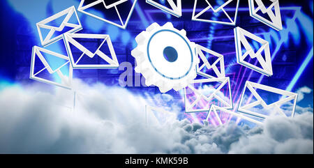 Message symbols around the gear sign against composite image of triangle design with glowing light Stock Photo