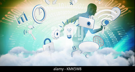 Various internet icons against composite image of blue character running Stock Photo